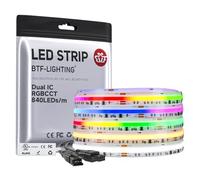 BTF-LIGHTING FCOB COB RGBCCT SPI LED Strip Addressable Dual IC Dimmable RGB+CCT Dream Colour Tunable White 3000K-6000K Flexible LED Tape 3M 840LEDs/m DC24V IP66 White PCB for Home Decor(Strip Only)