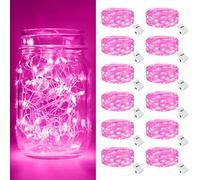 btfarm 12 Pack 3 Modes LED Fairy Lights Battery Operated, 2M 20LED Mini String Lights Battery Powered IP65 Waterproof Silver Wire Small Christmas Lights Indoor Outdoor Decorations for Jar Party, Pink
