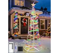 btfarm 7FT Prelit Christmas Cone Tree Lights, 216LED Remote Lighted Outdoor Xmas Tree with Ribbon, Star Topper, Waterproof Artificial Spiral for Indoor Porch Yard Holiday Decoration, Mutilcolored
