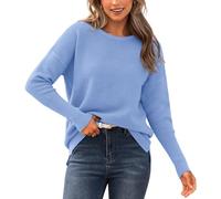 BTFBM Fall Sweaters for Women 2025 Casual Long Sleeve Sweater Striped Loose Fit Pullover Tops, Light Blue, L