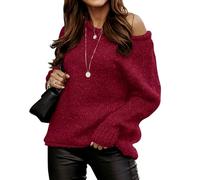 BTFBM Women Casual Long Sleeve Fall Sweaters Crew Neck Solid Color Soft Ribbed Knitted Oversized Pullover Loose Fit Jumper, Solid Red, XL