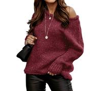BTFBM Women Casual Long Sleeve Fall Sweaters Crew Neck Solid Color Soft Ribbed Knitted Oversized Pullover Loose Fit Jumper, Solid Burgundy, Small
