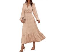 BTFBM Women Fall Maxi Dresses 2025 Long Sleeve V Neck Swiss Dots High Waisted A-Line Ruffle Boho Long Dress Vacation, Light Khaki, XL