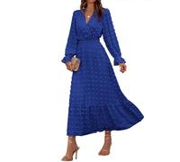 BTFBM Women Fall Maxi Dresses 2025 Long Sleeve V Neck Swiss Dots High Waisted A-Line Ruffle Boho Long Dress Vacation, Royal Blue, L
