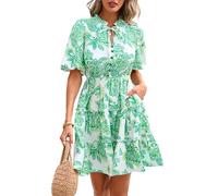 BTFBM Women Summer Floral Short Dresses V Neck Short Sleeve Tiered Ruffle Boho Swing Dress A-Line Mini Dresses, Floral White Green, XXL