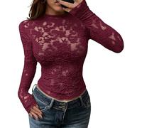 BTFBM Womens Tops Lace Mesh Crew Neck Long Sleeve Shirts | Sheer See Through,Stretch Knit,Slim Fit,Fashion Fall Clothing,Sexy Outfits,Party Club