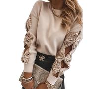 BTFONIA Ladies Jumpers Elegant Ribbed Knit Sequin Top Long Sleeve Bow Hollow Out Ladies Sweatshirt Pullover Blouse Shirt(1#,XL)