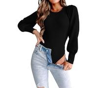 BTFONIA Long Puff Sleeve Sweaters for Women Fall Winter Crewneck Knit Ribbed Bodysuit Pullover Tops(Black,L)