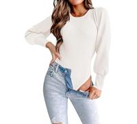 BTFONIA Long Puff Sleeve Sweaters for Women Fall Winter Crewneck Knit Ribbed Bodysuit Pullover Tops(White,L)