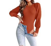BTFONIA Long Puff Sleeve Sweaters for Women Fall Winter Crewneck Knit Ribbed Bodysuit Pullover Tops(Rust Red,M)