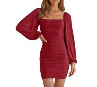 BTFONIA Women Elegant Square Neck Lantern Long Sleeve Mini Ruched Bodycon Dress Stretch Mesh Slim Party Cocktail Dresses(Red,S)