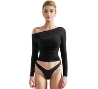 BTFONIA Women Off Shoulder Long Sleeve Shirts Double Lined Fitted Crop Tops(Black,L)