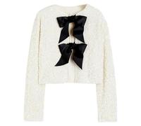 BTFONIA Women Tie-Front Sequined Jacket Long Sleeve Sparkling Cropped Top with Bow Party Concert Night(White,S)