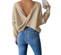 BTFONIA Women Twist Back Backless Drop Shoulder Long Sleeve Pullover Rib Knit Sweater Tops(Apricot,XL)