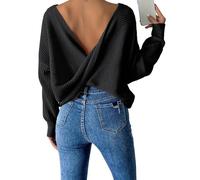 BTFONIA Women Twist Back Backless Drop Shoulder Long Sleeve Pullover Rib Knit Sweater Tops(Black,L)