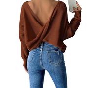 BTFONIA Women Twist Back Backless Drop Shoulder Long Sleeve Pullover Rib Knit Sweater Tops(Brown,M)