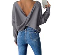 BTFONIA Women Twist Back Backless Drop Shoulder Long Sleeve Pullover Rib Knit Sweater Tops(Gray,M)
