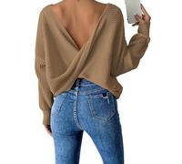 BTFONIA Women Twist Back Backless Drop Shoulder Long Sleeve Pullover Rib Knit Sweater Tops(Khaki,L)
