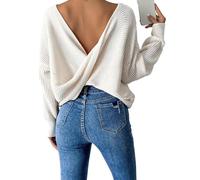 BTFONIA Women Twist Back Backless Drop Shoulder Long Sleeve Pullover Rib Knit Sweater Tops(White,L)
