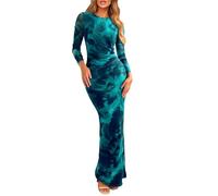 BTFONIA Women's Bodycon Maxi Dress Fall Fashion Long Sleeve Floral Print Tight Fitted Party Club Ruched Dresses(4#,XL)