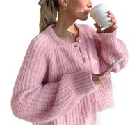 BTFONIA Womens Cardigan Sweater Button Down Long Sleeve Chunky Soft Knit Sweater Fall Open Front Loose Casual Cardigan Coat(Pink,L)