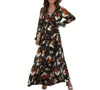 BTFONIA Womens Casual Floral Deep V Neck Long Sleeve Long Evening Dress Cocktail Party Maxi Wedding Dresses(6#,L)