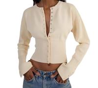BTFONIA Womens Cropped Sweaters Button Down Long Sleeve V Neck Ribbed Knit Slim Fit Pullover Crop Tops(Apricot,M)