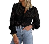 BTFONIA Women's Dressy Casual Lace Blouse Long Sleeve Button Up Shirts Tops Fall Fashion Clothes(Black,L)