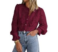 BTFONIA Women's Dressy Casual Lace Blouse Long Sleeve Button Up Shirts Tops Fall Fashion Clothes(Red,L)