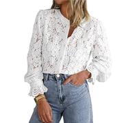 BTFONIA Women's Dressy Casual Lace Blouse Long Sleeve Button Up Shirts Tops Fall Fashion Clothes(White,XL)