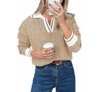 BTFONIA Womens Fall Sweaters Tops Lapel V Neck Knit Sweater Color Block Long Sleeve Casual Soft Pullover Shirt(Khaki,S)