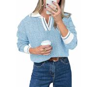 BTFONIA Womens Fall Sweaters Tops Lapel V Neck Knit Sweater Color Block Long Sleeve Casual Soft Pullover Shirt(Blue,L)