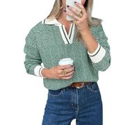 BTFONIA Womens Fall Sweaters Tops Lapel V Neck Knit Sweater Color Block Long Sleeve Casual Soft Pullover Shirt(Green,S)