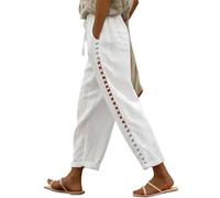 BTFONIA Women's Linen Capri Pants with Drawstring Petite Summer Beachwear Lightweight Elastic Waist Pants(White,L)