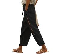 BTFONIA Women's Linen Capri Pants with Drawstring Petite Summer Beachwear Lightweight Elastic Waist Pants(Black,XXL)