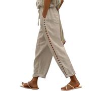 BTFONIA Women's Linen Capri Pants with Drawstring Petite Summer Beachwear Lightweight Elastic Waist Pants(Khaki,XXL)