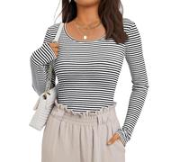 BTFONIA Womens Long Sleeve Striped T-Shirts Scoop Neck Tops Slim Fit Fall Fashion Trendy Outfits Clothes(Black,XL)