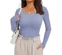 BTFONIA Womens Long Sleeve Striped T-Shirts Scoop Neck Tops Slim Fit Fall Fashion Trendy Outfits Clothes(Blue,S)