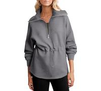 BTFONIA Womens Oversized Sweatshirts Half Zip Drawstring Waist Long Sleeve Side Slits Casual Pullover Sweatshirt Tops(Gray,L)