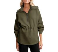 BTFONIA Womens Oversized Sweatshirts Half Zip Drawstring Waist Long Sleeve Side Slits Casual Pullover Sweatshirt Tops(Green,L)
