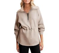BTFONIA Womens Oversized Sweatshirts Half Zip Drawstring Waist Long Sleeve Side Slits Casual Pullover Sweatshirt Tops(Khaki,L)