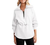 BTFONIA Womens Oversized Sweatshirts Half Zip Drawstring Waist Long Sleeve Side Slits Casual Pullover Sweatshirt Tops(White,M)