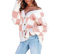BTFONIA Womens Plaid V Neck Button Down Long Sleeve Cable Knit Oversized Cardigan Sweaters Tops(Pink,M)