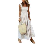 BTFONIA Women's Retro Plaid Smocked Dress Spaghetti Strap Flounce Long Dress(Beige,L)