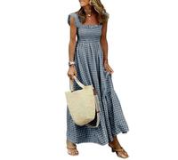 BTFONIA Women's Retro Plaid Smocked Dress Spaghetti Strap Flounce Long Dress(Black,S)