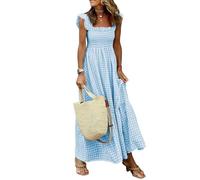 BTFONIA Women's Retro Plaid Smocked Dress Spaghetti Strap Flounce Long Dress(Blue,XL)