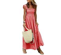 BTFONIA Women's Retro Plaid Smocked Dress Spaghetti Strap Flounce Long Dress(Red,M)