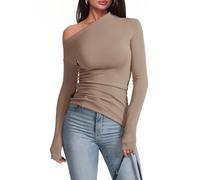 BTFONIA Women's Sexy Off Shoulder Tops Long Sleeve Asymmetrical Slim Fit Going Out Fall Blouse Ruched Tight Shirts(Khaki,M)