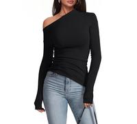 BTFONIA Women's Sexy Off Shoulder Tops Long Sleeve Asymmetrical Slim Fit Going Out Fall Blouse Ruched Tight Shirts(Black,S)