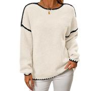 BTFONIA Womens Sweaters Fall Oversized Long Sleeve Chunky Knit Crew Neck Contrast Stitching Pullover Winter Clothes(White,M)